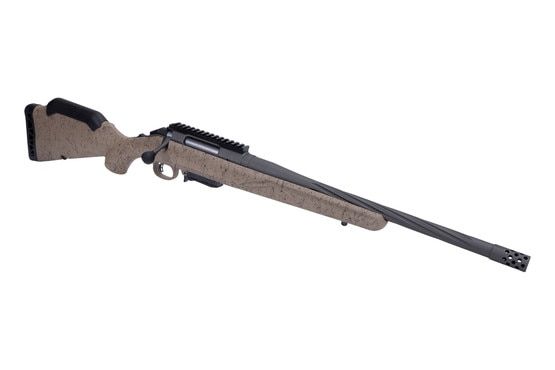 Bolt action 7.62x39 rifle with flat dark earth splatter stock.